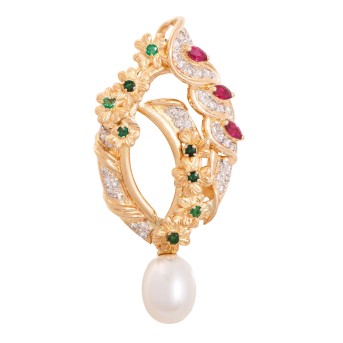 Anhänger floral mit Rubinen, Smaragden und Diamanten