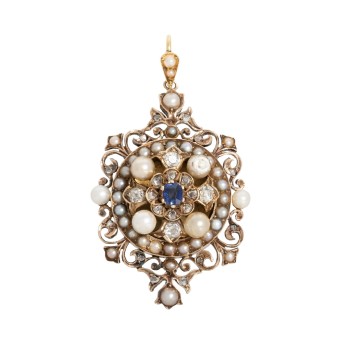 Anhänger/Medaillon mit Saphir, 5 Zuchtperlen, 3 Mallorcaperlen, 29 Saatperlen und 24 Diamanten