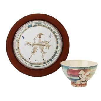 PORTANIER, GILBERT ( Cannes 1926 - 2023 Vallauris) 2-tlg Konvolut Teller und Tasse, 1980er Jahre,