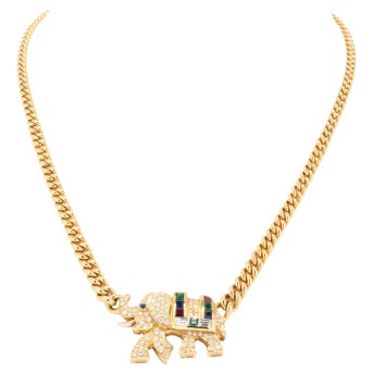 Panzercollier  'Elefant' ausgefasst mit 2 Rubin-, 3 Smaragd-, 2 Saphircarreés, 1 Saphir,