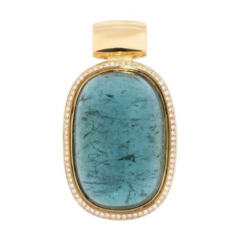 Anhänger mit Indigolith (Turmalin), Cabochon ca. 88,2 ct entouriert von 77 Brillanten