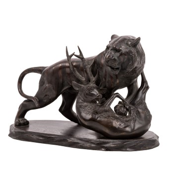Group of figures 'Tiger killing a stag', 20th century
