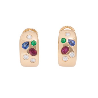 Paar Clipohrstecker mit 2 Rubinen, 2 Smaragden, 2 Saphiren und 6 Brillanten zus. 0,39 ct (grav.),