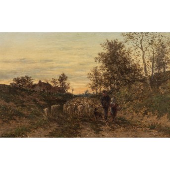 VAN LOKHORST, JOHAN NICOLASS (1837-c.1929) "Schäfer auf einem Feldweg im Abendrot"