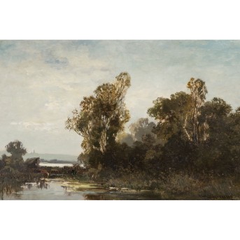 HALBERG-KRAUSS, FRITZ (1874-1951) "Uferpartie mit Kühen beim Trinken und einer Dorfsilhouette im Hintergrund"