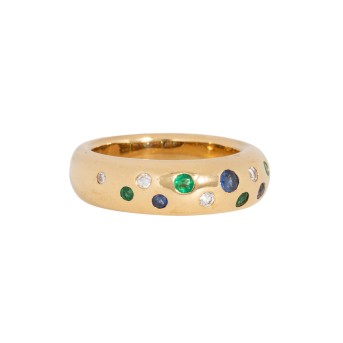 JACOBI band ring with 4 emeralds, 3 sapphires and 6 diamonds