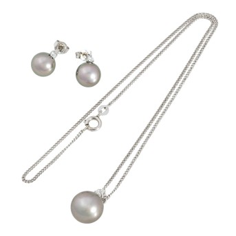 Jewelry set with Tahitian pearl crowned by a small brilliant-cut diamond, 