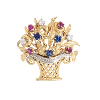 Brosche 'Blumenkorb' mit Rubinen, Saphiren und Brillanten