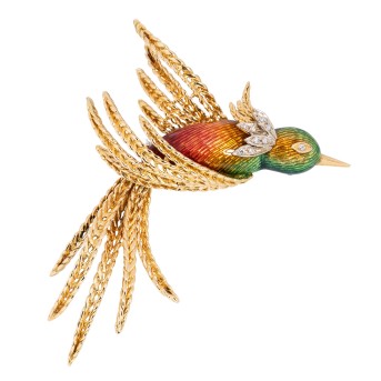 Brosche 'Kolibri' mit polychrom-transparentem Email