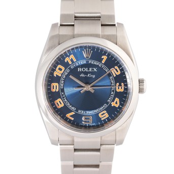 ROLEX Air-King 'Concentric Blue Dial' Ref 114200 men's watch from 2008, box and papers. 