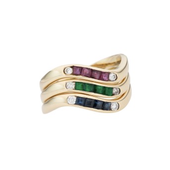 Set of 3 rings with 4 emeralds, 4 rubies, 4 sapphires and 6 diamonds,