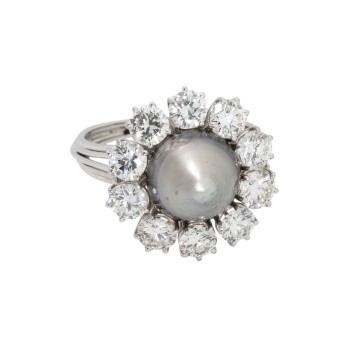 SCHILLING cocktail ring with natural pearl encrusted with 10 brilliant-cut diamonds