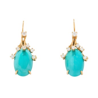 Paar Ohrhänger mit 2 Türkisen und 14 Brillanten