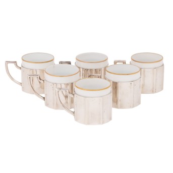 TSCHECHIEN '6 Silber Tassen mit Porzellaneinsätze' 800er Silber, 1929-1941