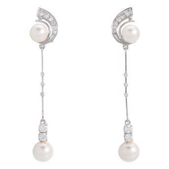 Ohrclip-Hänger mit Perlen und Diamanten zus. ca. 0,95 ct