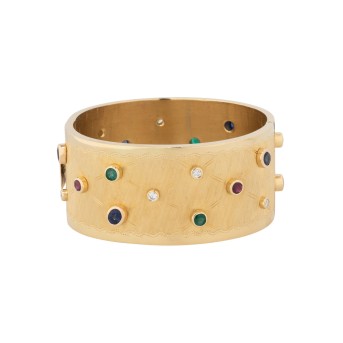 Armreif mit 5 Rubinen, 6 Saphiren, 5 Smaragden und 7 Brillanten