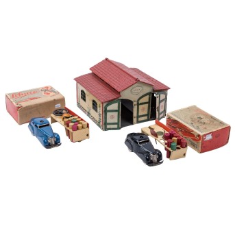 SCHUCO/LEHMANN set of 2 remote-controlled cars and 1 garage,
