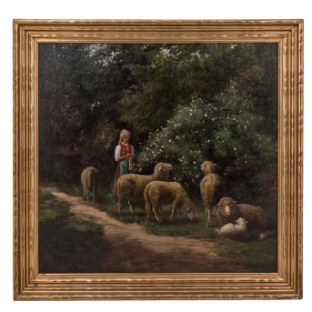 KORNBECK, JULIUS (1839-1920), &quot;Young shepherdess with sheep in front of flowering bushes&quot;,