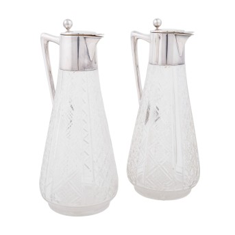 WILHELM BINDER Paar Glaskaraffen 'Kalte Ente' mit Silbermontur, 800 Silber, 20. Jh.,