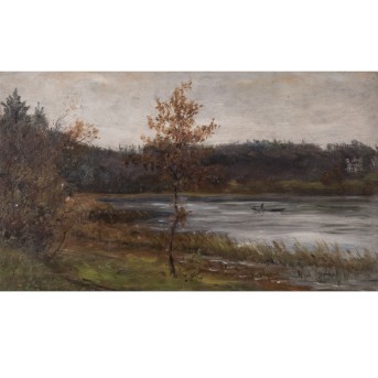KORNBECK, JULIUS (1839-1920), &quot;Autumn landscape with rowing boat on a lake or arm of a river&quot;,