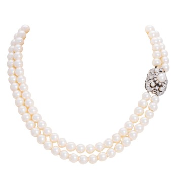 Perlencollier 2-reihig mit Diamantschließe