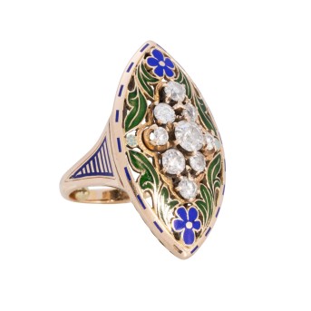 Ring mit Altschliffdiamanten und floralen Emailverzierungen,