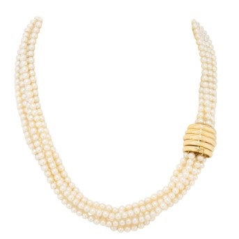 Collier, 5-reihiges Akoyaperlcollier mit Goldschließe,