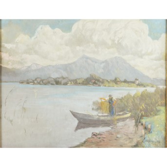 PAINTER OF THE 20TH CENTURY &quot;Fishermen on Lake Chiemsee with Fraueninsel&quot; 1946