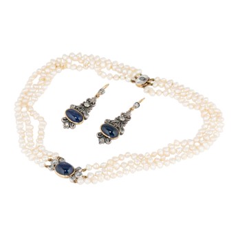 Schmuckset mit Saphircabochons und Diamantrosen