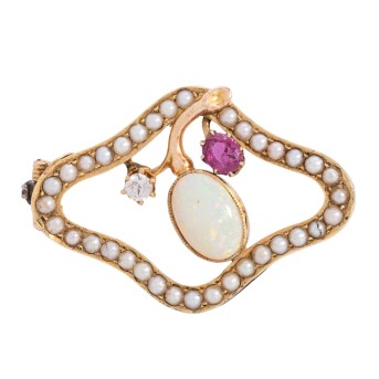 Brosche mit Opal, Rubin, Diamant und Halbperlen,