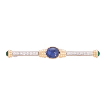 JACOBI bar pin with sapphire, emerald and diamonds