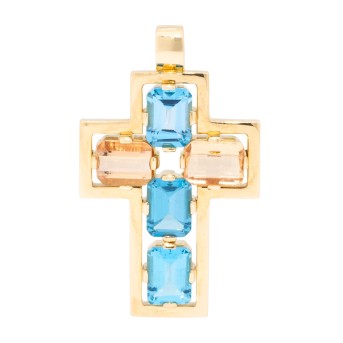 Anhänger 'Kreuz' mit 3 blauen und 2 rosa Topasen,