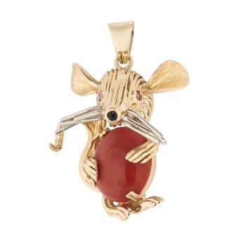 Anhänger/Brosche 'Maus' mit Korallcabochon,