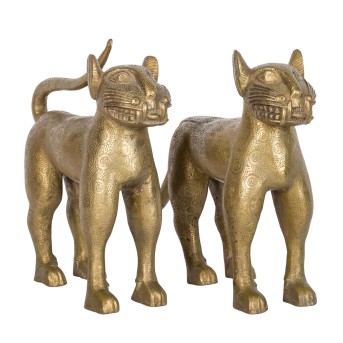 Pair of BENIN leopards in yellow cast iron,