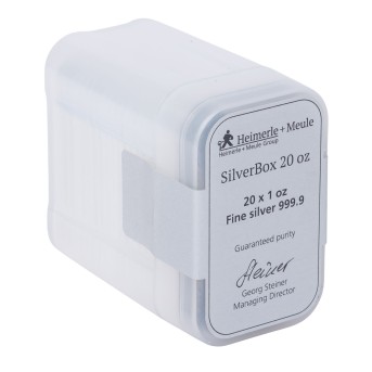 SilverBox 20 oz - 20 x 1 oz fine silver bars, minted fine silver bars, Heimerle+Meule,