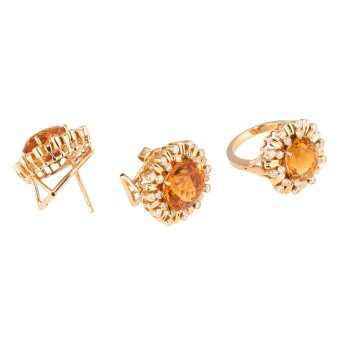Jewelry set ring and earrings with citrine and diamonds