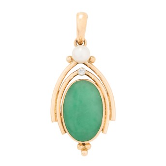 Anhänger mit Jadecabochon, Perle und Brillant