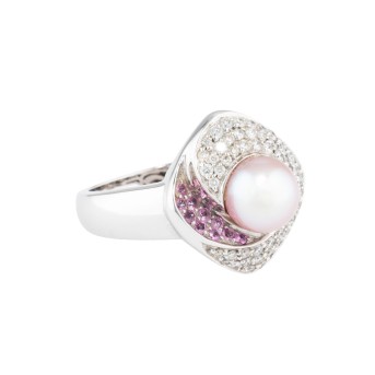 Ring with pearl, pink sapphires and diamonds totaling approx. 0.66 ct,