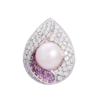 Clip pendant with pearl, pink sapphires and diamonds