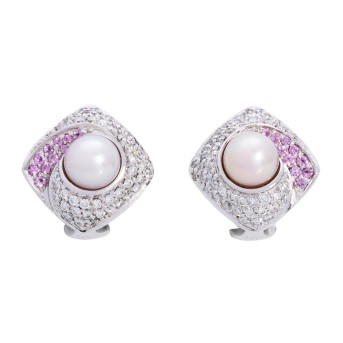 Ohrringe mit Perlen, rosa Saphiren und Brillanten