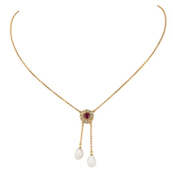 Zartes Collier mit Rubin, Diamanten und Naturperlen,