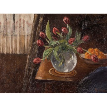 PAINTER OF THE XX CENTURY &quot;Still life of flowers in a glass vase with fruit&quot;