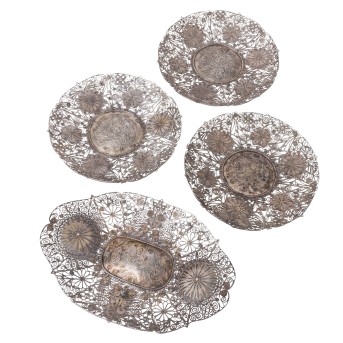 4 Teller aus Filigransilber. CHINA, 1. Hälfte 20. Jh.: