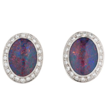 Ear clips with opal triplets surrounded by diamonds