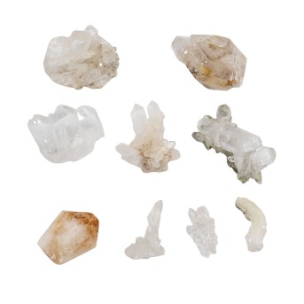 Collection of 9 quartz specimens and crystals,
