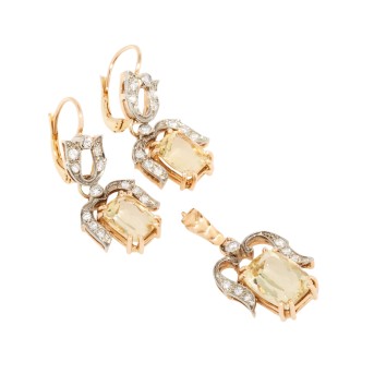 Jewelry set with citrines and diamonds in total approx. 1 ct,