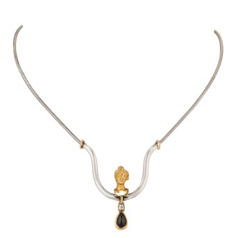 Necklace with antique-style bust, sapphire drop and brilliant-cut diamond,