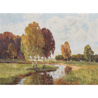 WEBER, RUDOLF (1872-1949), &quot;Autumn landscape with stream and birch trees&quot;,