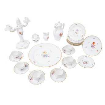 KPM coffee service for 6 persons 'Rocaille, colorful flower with gold rim', 20th century