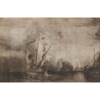 ARTIST 19th century, &quot;Historic sailing ships with rowers in front of a rocky coast&quot;,